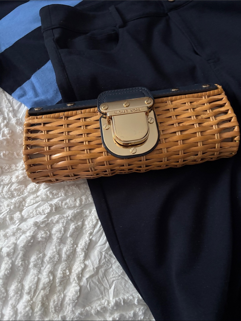 Michael Kors Tan Woven Straw Clutch with Gold Hardware and Navy Leather Trim